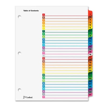 Cardinal OneStep Printable T.O.C. Divider, Printed 1 To 31, 9x11, 31 Tabs, White/Multicolor